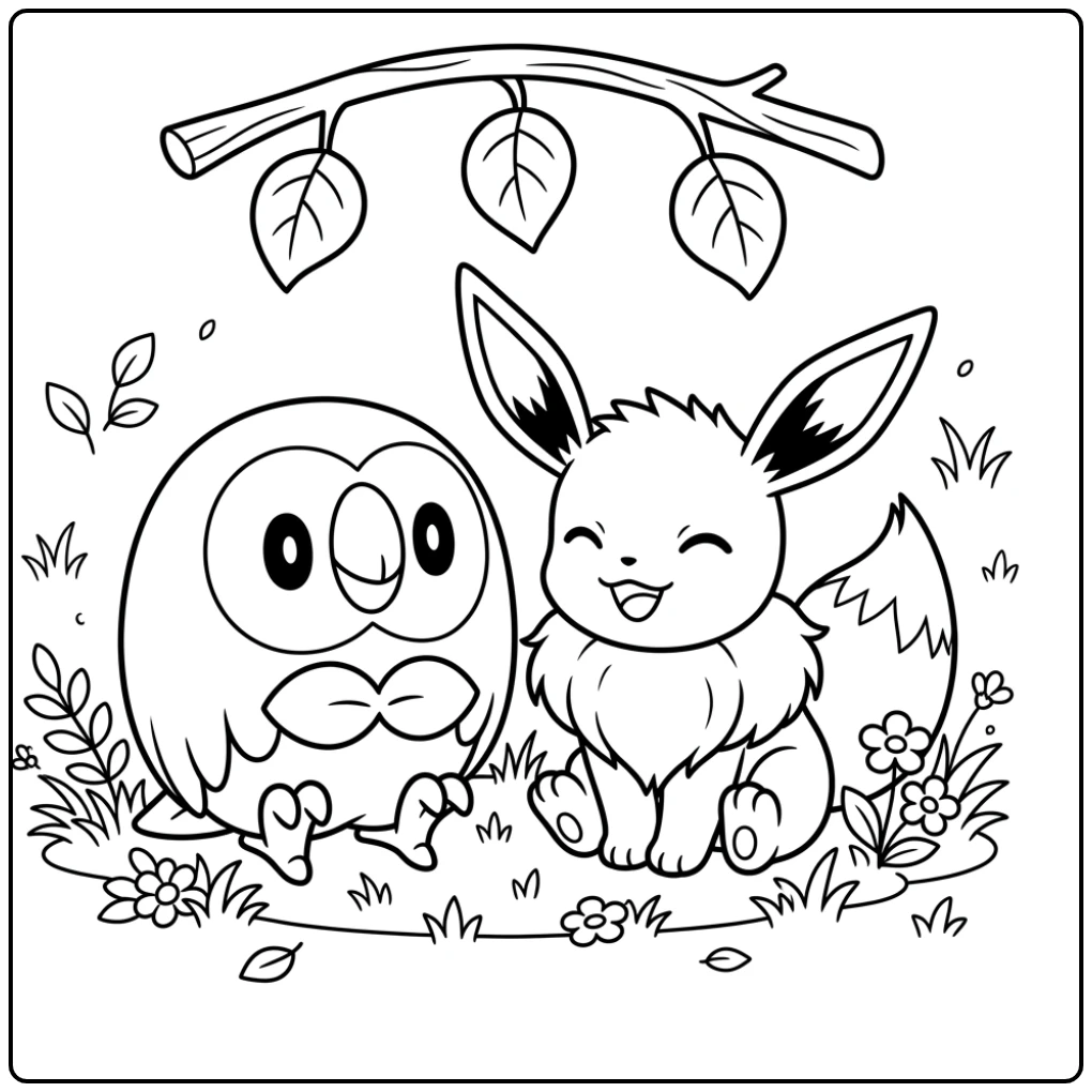 Beautiful Pokemon Easy Rowlet and Eevee Under Branch coloring page