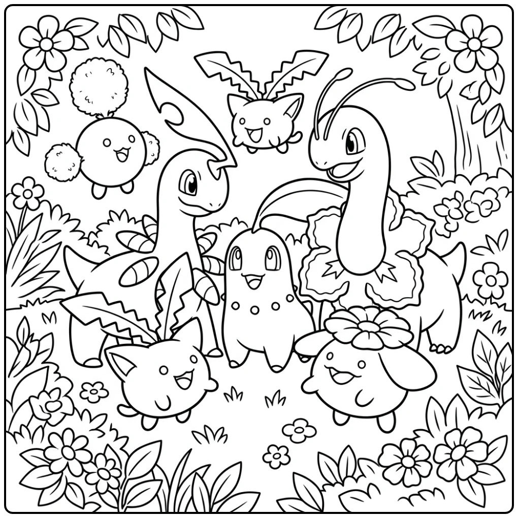 second generation Pokemon coloring page with Chikorita, Bayleef, Meganium, Hoppip, Skiploom, and Jumpluff