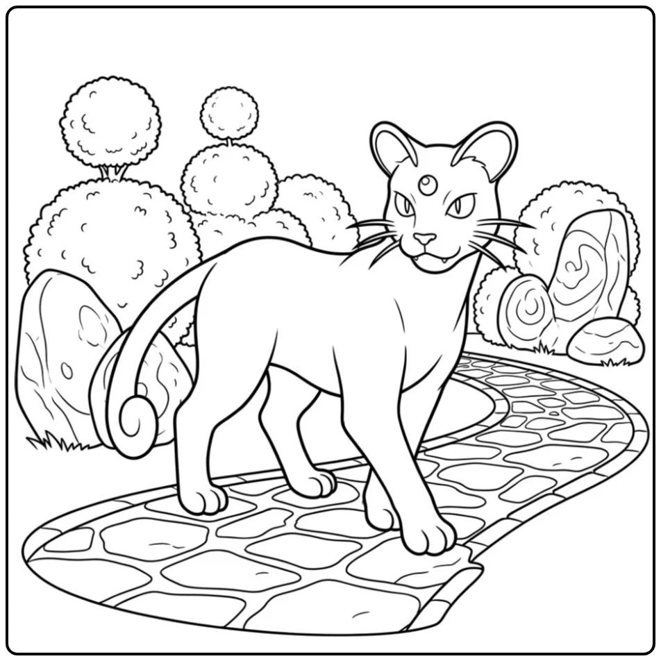 Beautiful Pokemon Persian in a Quiet Garden coloring page