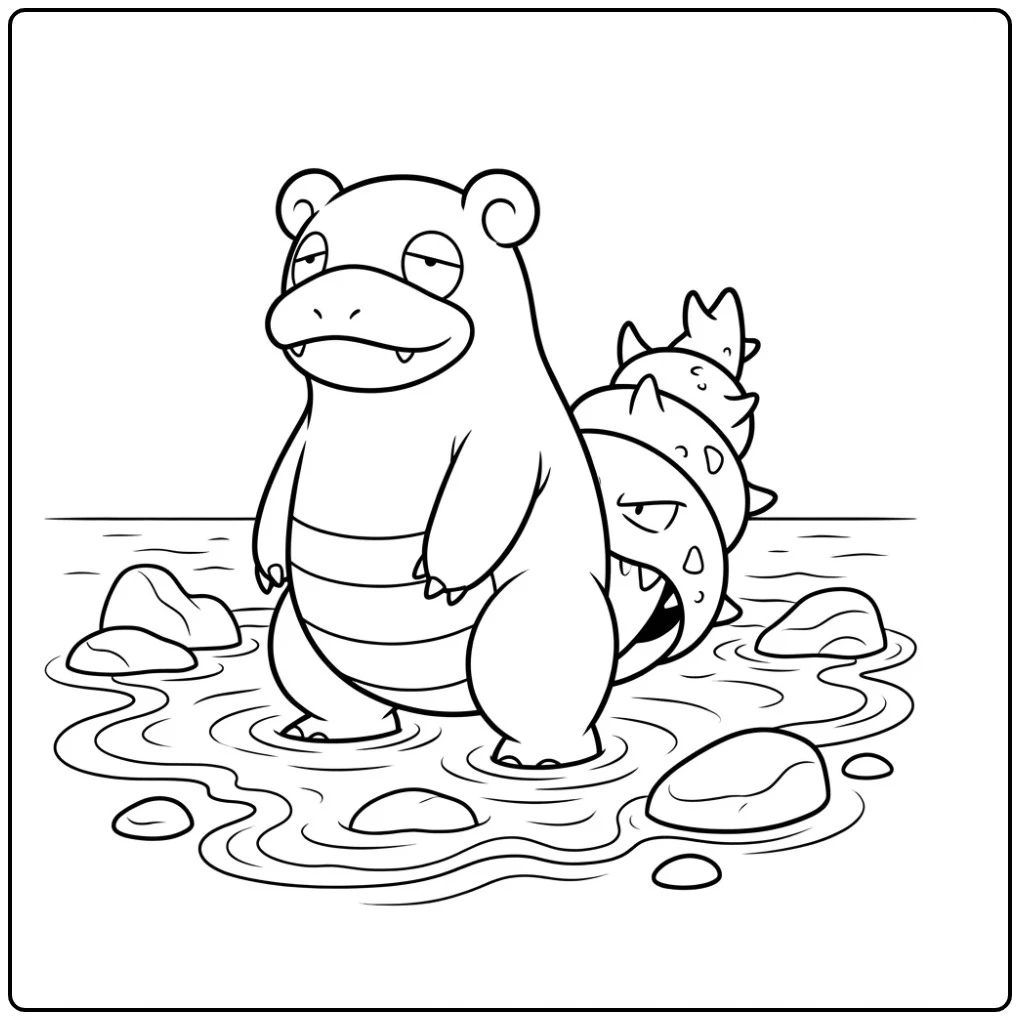 Beautiful Pokemon Slowbro in Shallow Seawater coloring page