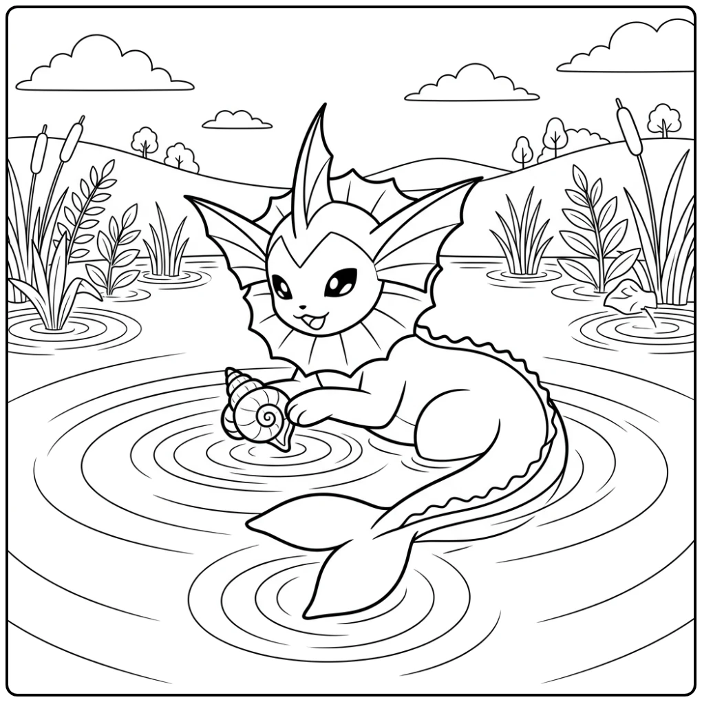 Beautiful Vaporeon Playing with a Shell coloring page