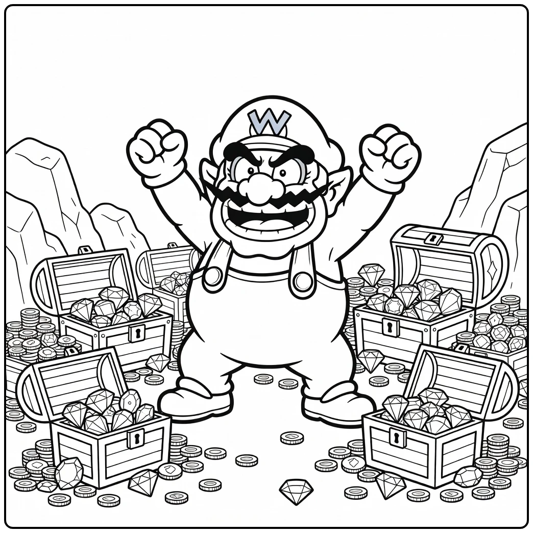 Wario Celebrating His Found Treasure coloring page