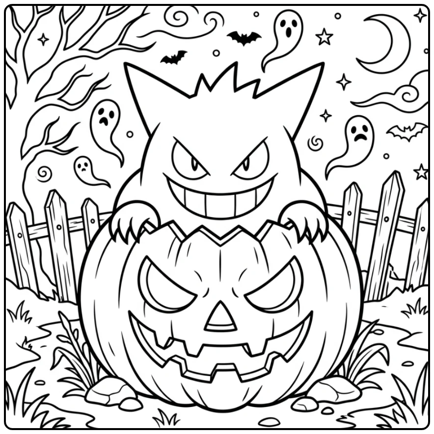 Mysterious Halloween Pokemon Gengar in Pumpkin coloring page