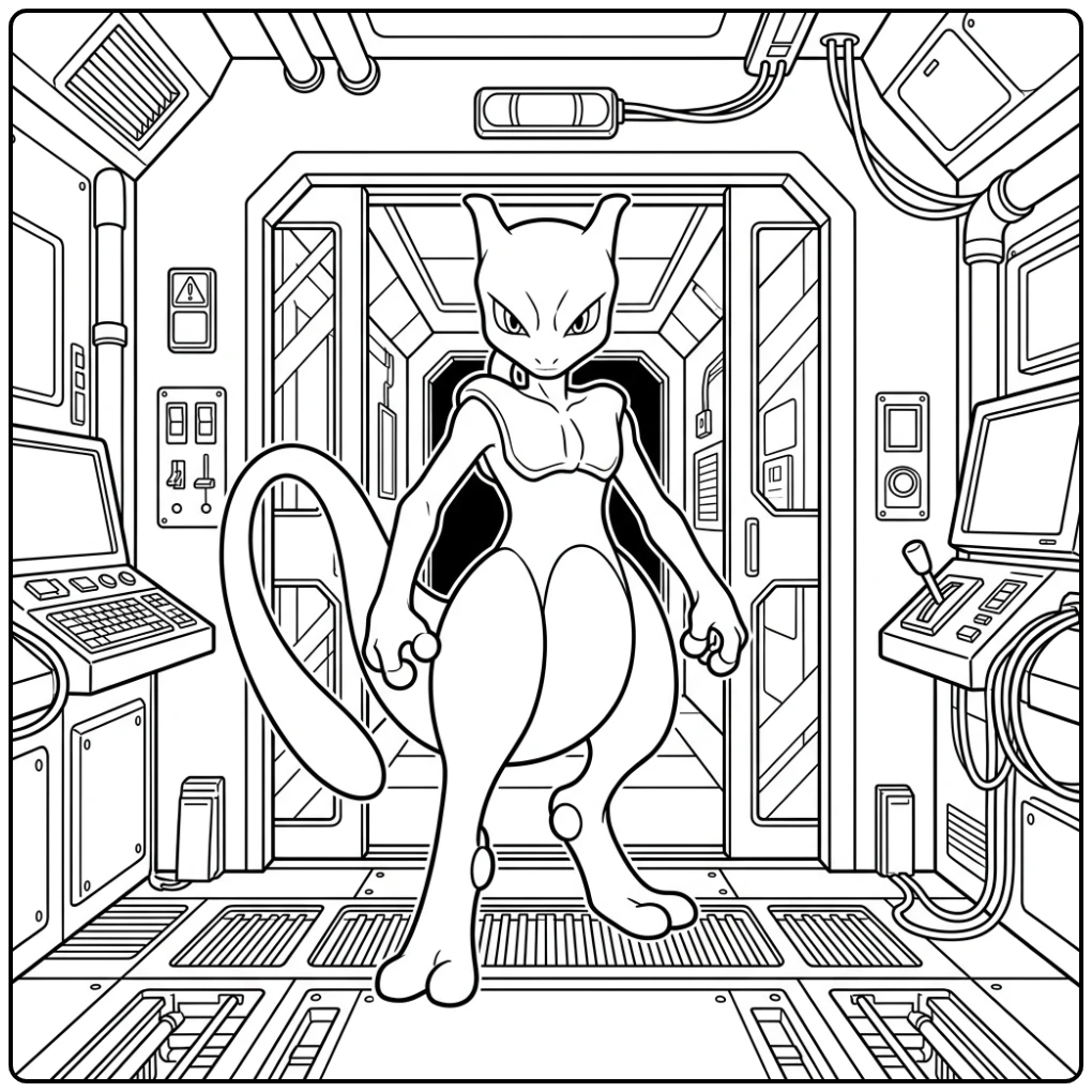 Mysterious Mewtwo in a Dark Laboratory coloring page
