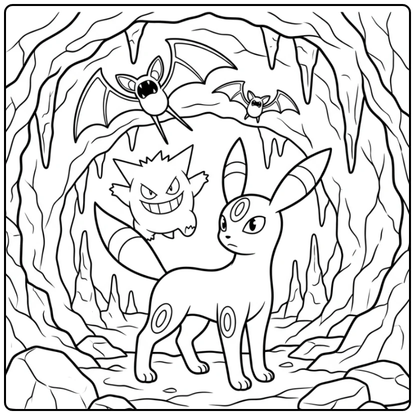 Mysterious Umbreon Adventurous Cave Scene coloring page