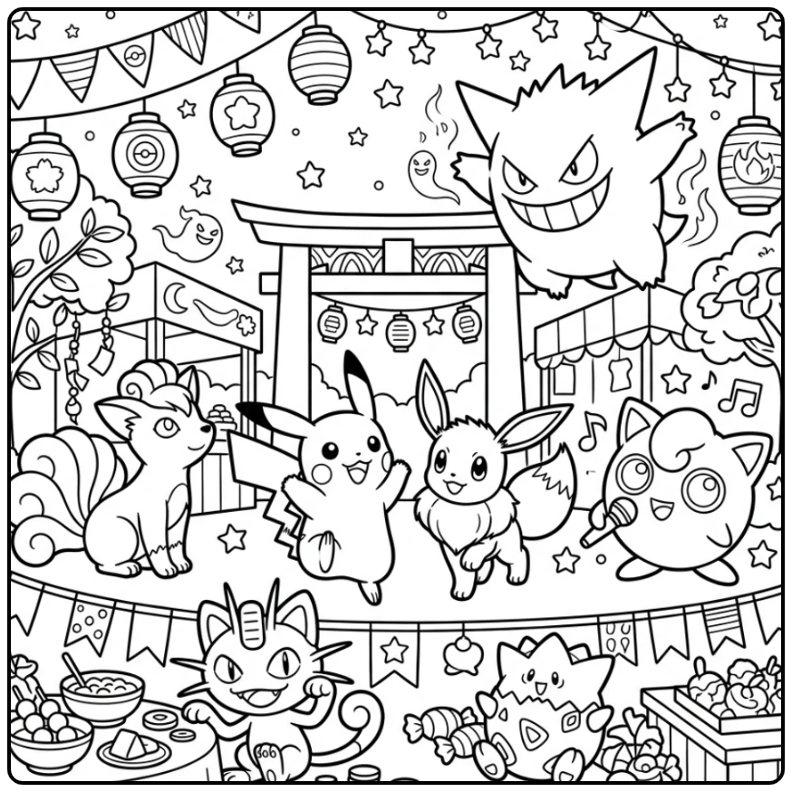 Nighttime Festival Pokemon Eevee and Gengar coloring page