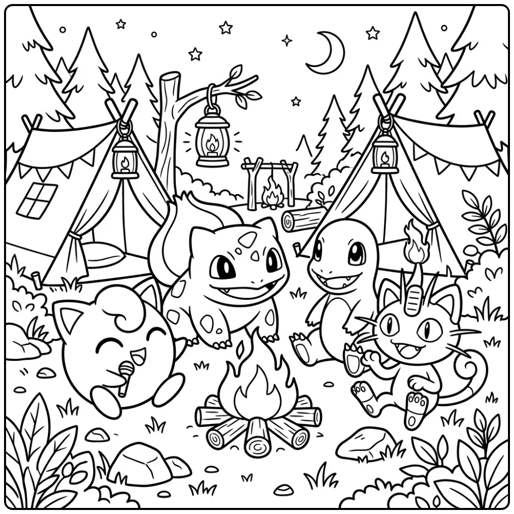 Nighttime Bulbasaur Camp with Pokemon Friends coloring page