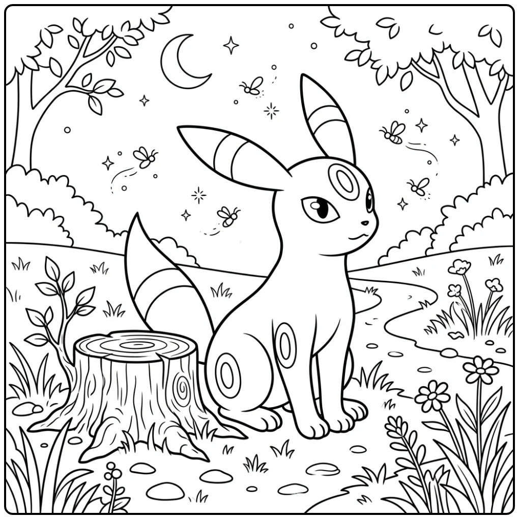 Nighttime Scene Umbreon Tree Stump and Fireflies coloring page
