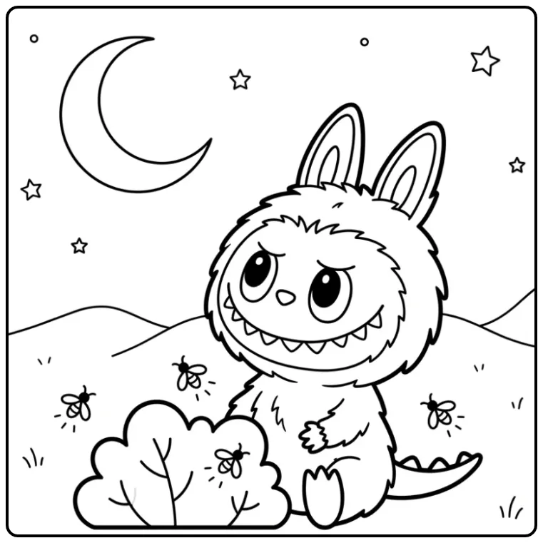 Nighttime Easy Labubu in the Meadow coloring page