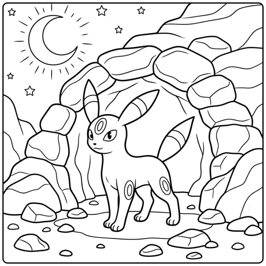 Nighttime Umbreon Guarding His Rocky Cave coloring page