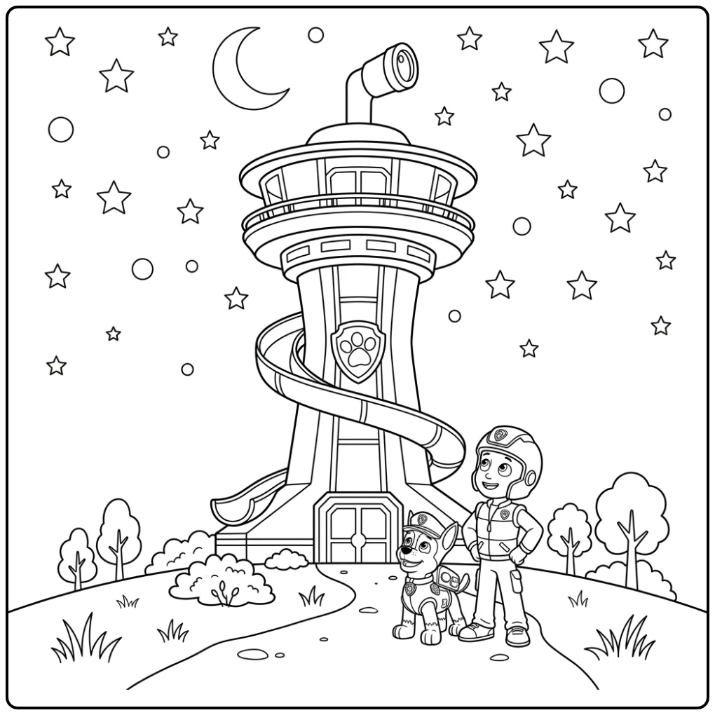 Night Scene Paw Patrol Lookout Tower Ryder and Pup coloring page