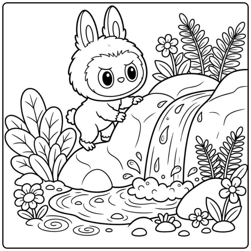 Natural Cute Labubu with Small Stream and Rocks coloring page