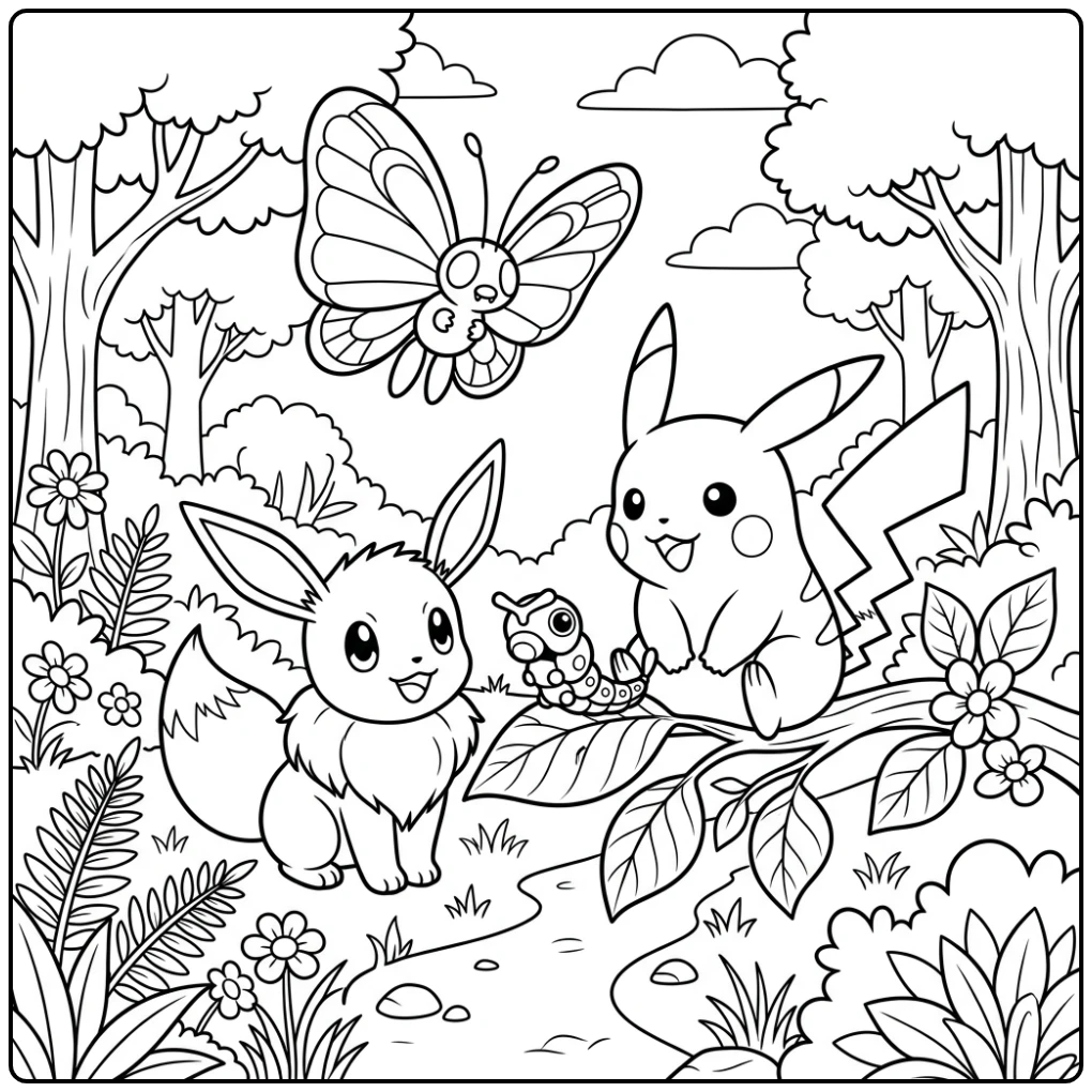 New Pokemon Cute Eevee Pikachu and Butterfree coloring page