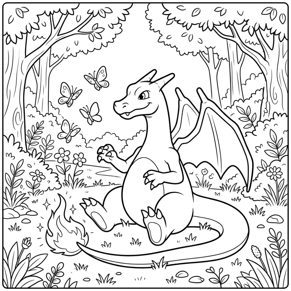 Curious Charizard in a Sunny Forest Clearing coloring page