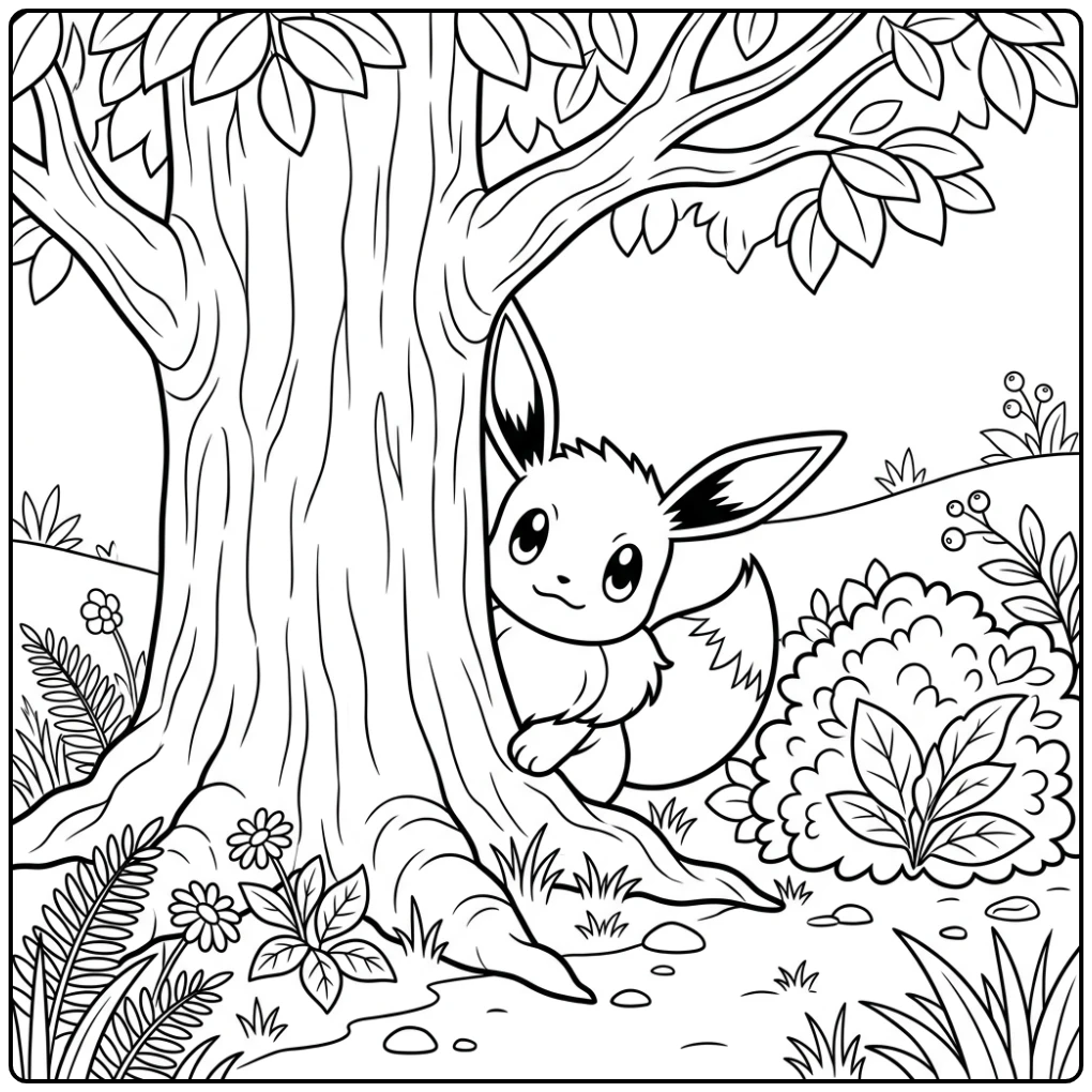 Curious Eevee Behind Tree Stump and Bushes coloring page
