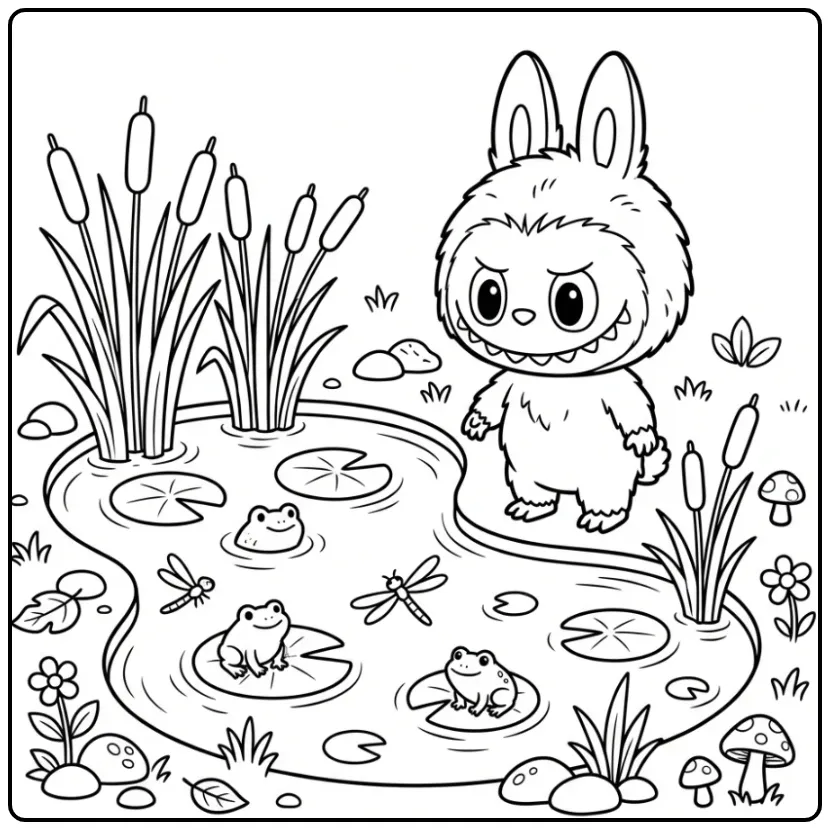 Curious Cute Labubu with Reeds and Water coloring page
