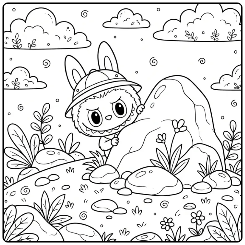 Curious Cute Labubu Among the Stone coloring page