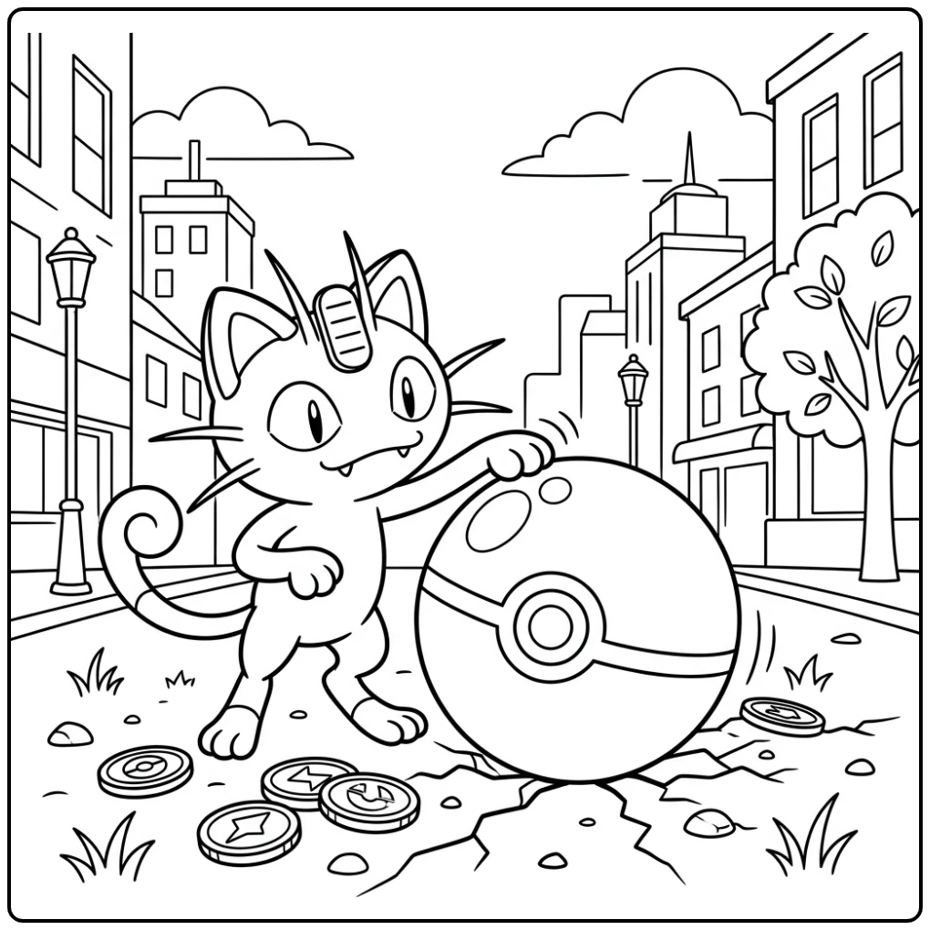 Curious Meowth Tapping on a Poke Ball coloring page