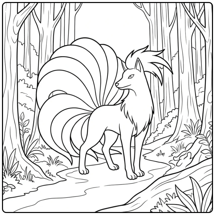 Ninetales Majestic Pokemon on a Forest Path coloring page