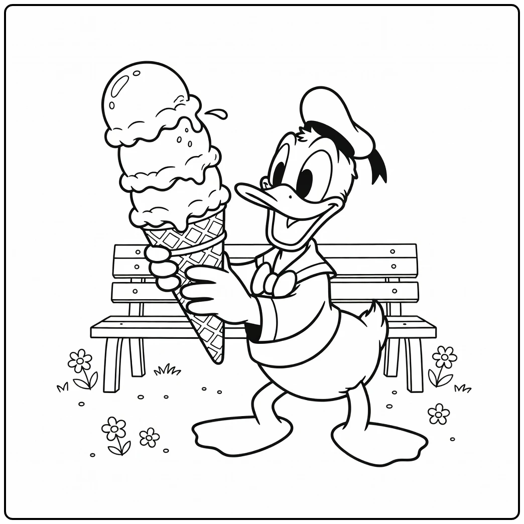 Surprised Donald Duck with Melting Ice Cream coloring page