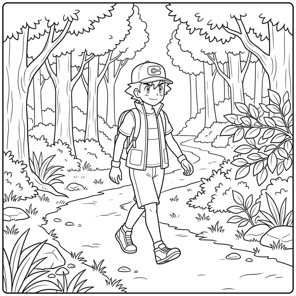 Official Pokemon Ash Adventure in the Forest coloring page