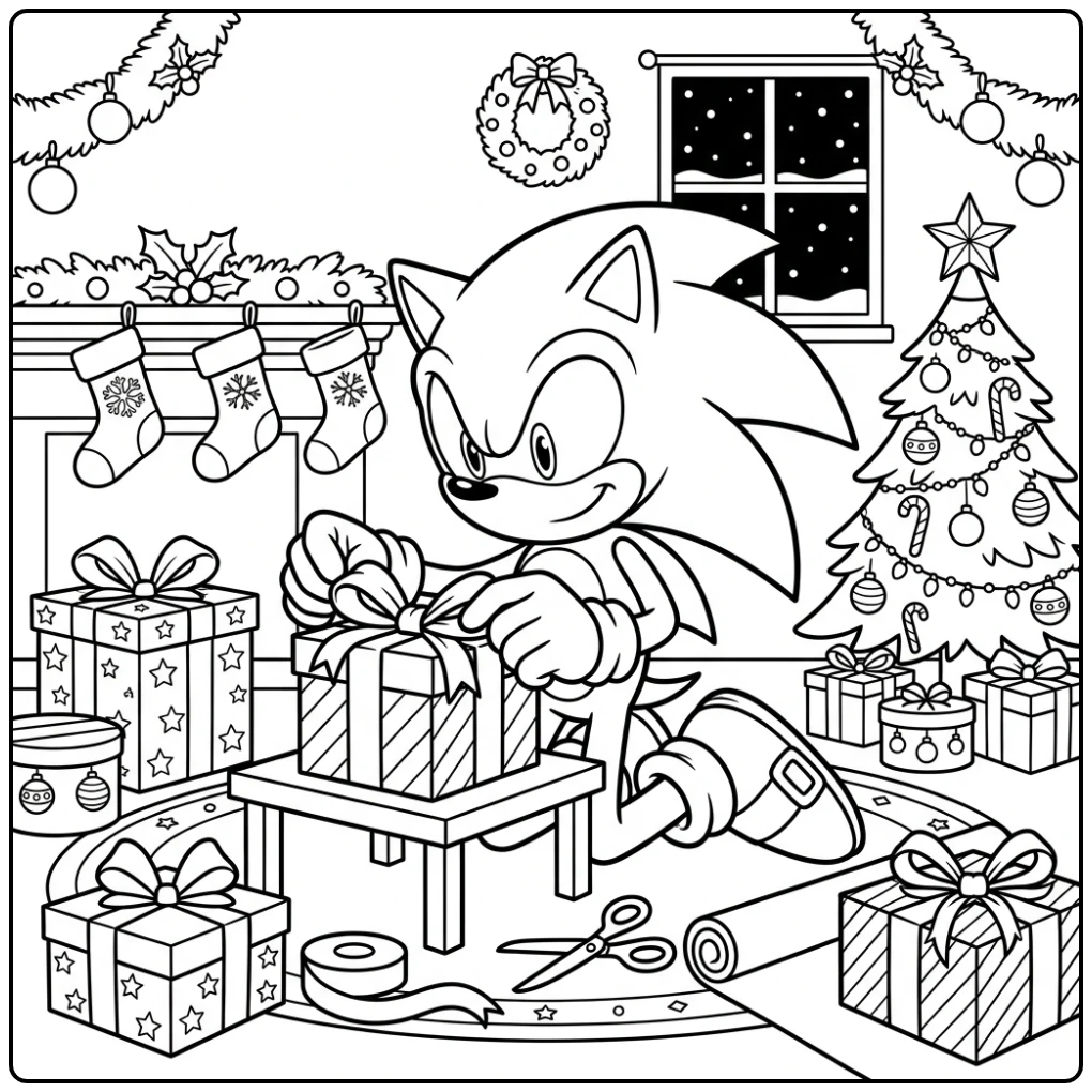 Sonic Wrapping Christmas Gifts coloring page