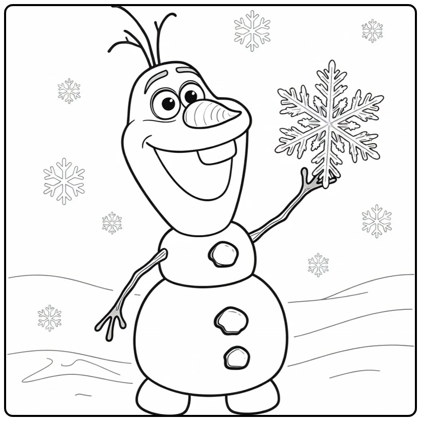 Olaf Snowman Looking Happy Toward a Snowflake coloring page