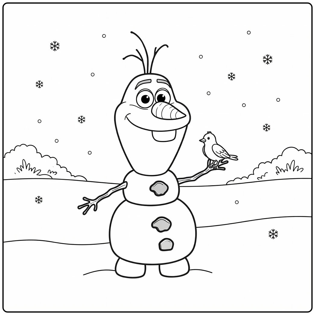 Olaf Snowman with a Small Bird coloring page