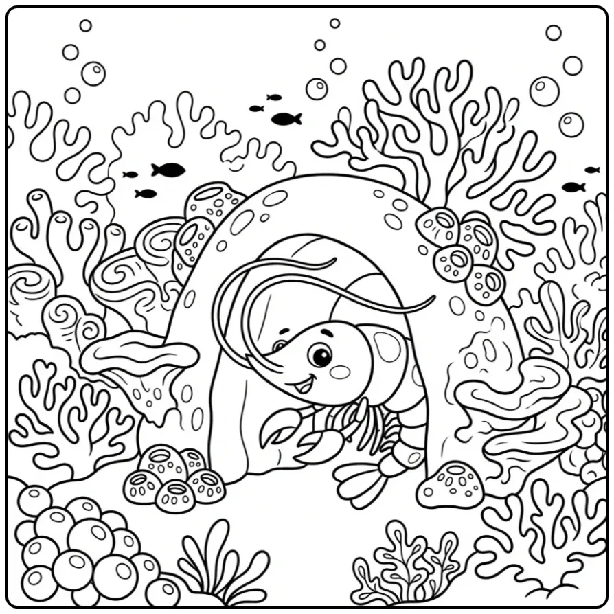 Underwater Shrimp Adventure with Fish and Bubbles coloring page