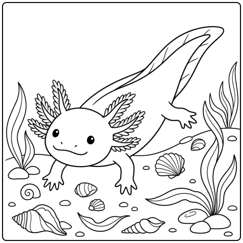 Underwater Axolotl with Plants and Bubbles coloring page