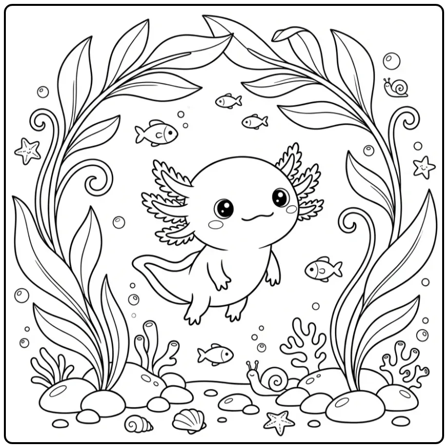 Axolotl in an Underwater World with Fish coloring page