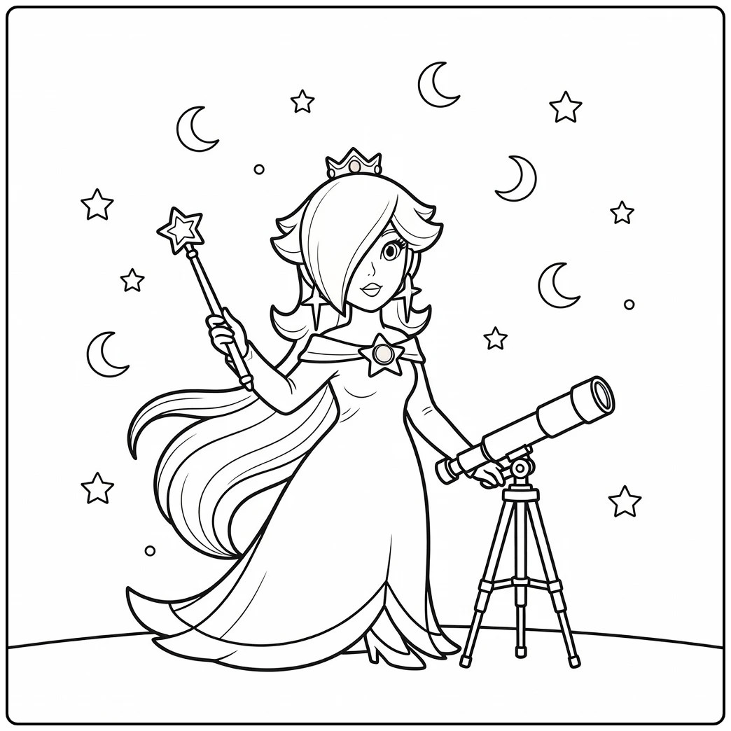 Rosalina coloring page with stars and a magical space scene