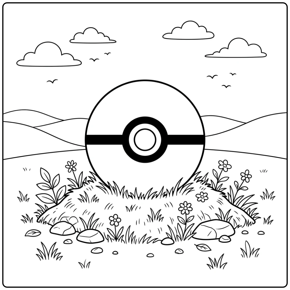 Exploring the Poke Ball in a Rustic Landscape coloring page