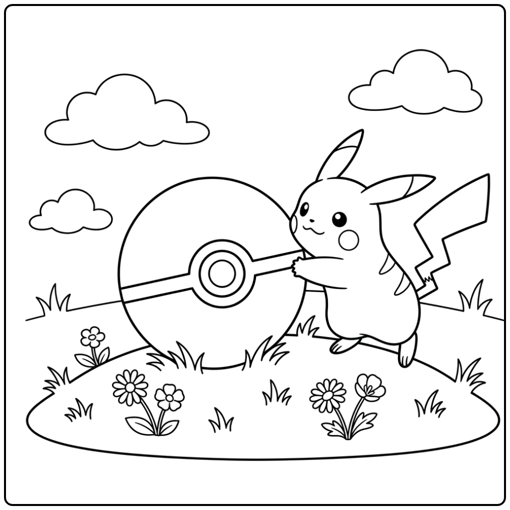 Pikachu Exploring with a Poke Ball on a Grassy Hill coloring page