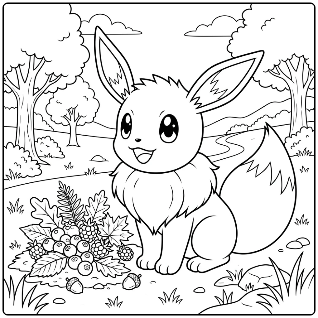 Cheerful Eevee Exploring Tasty Berries and Leaves coloring page