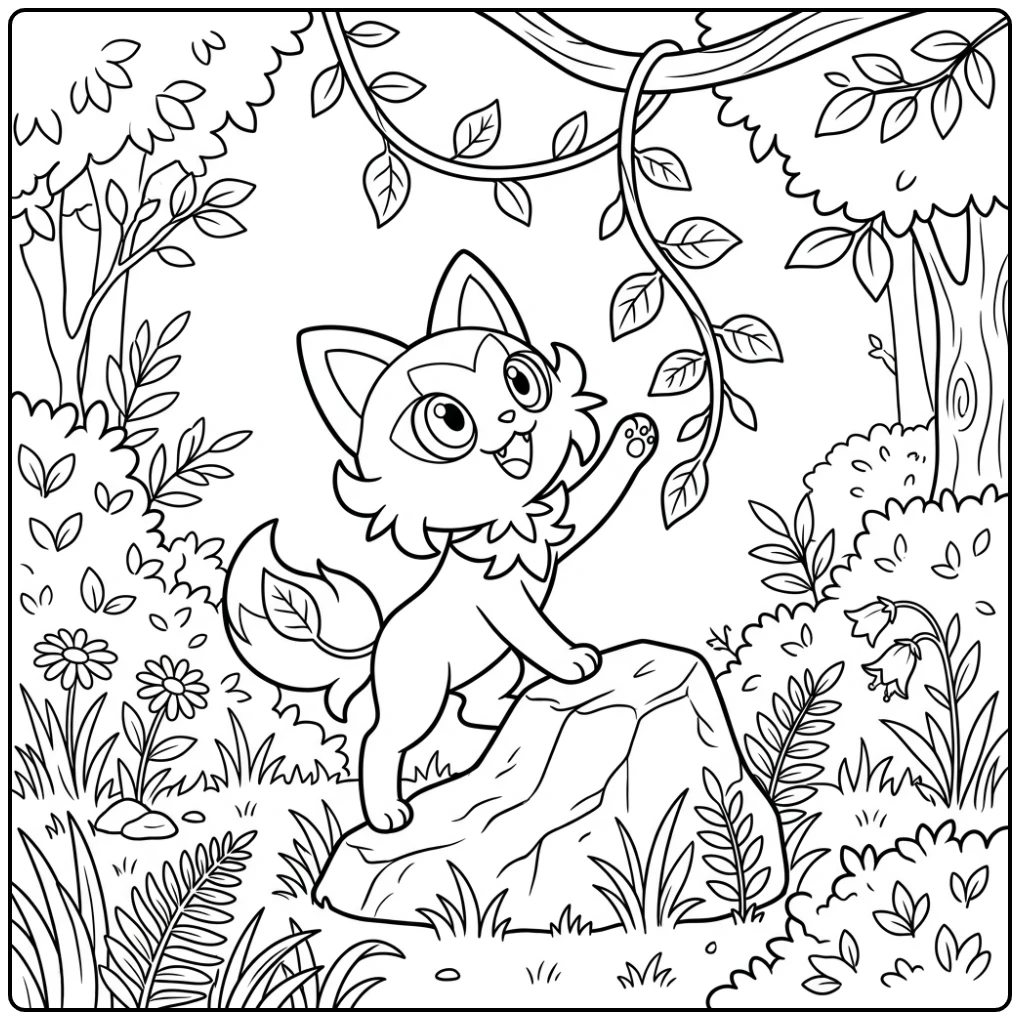 Exploring This Pokemon Sprigatito Adventurous Scene coloring page