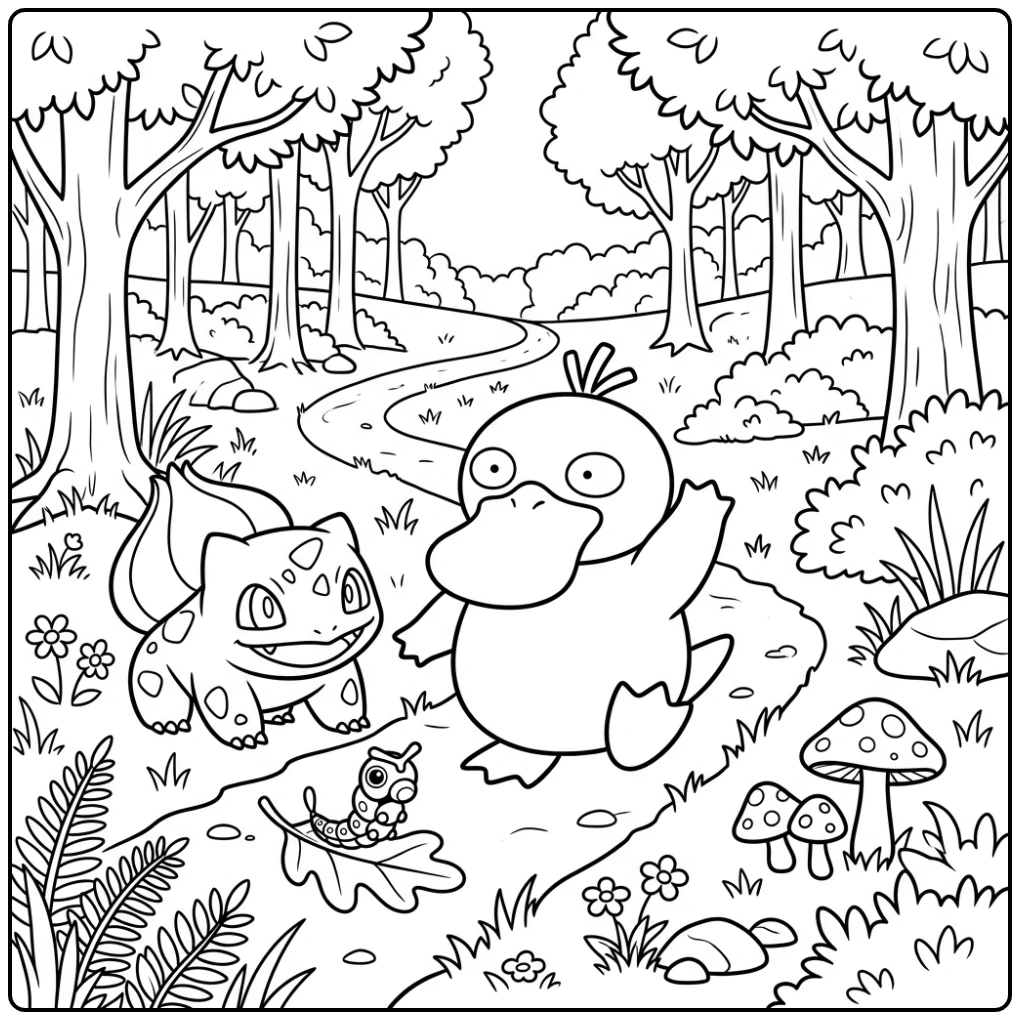 Exploring This Cheerful Psyduck Bulbasaur and Caterpie coloring page