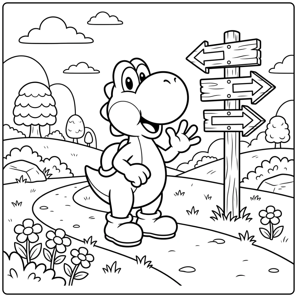 Fun Yoshi Exploring New Paths with a Signpost coloring page
