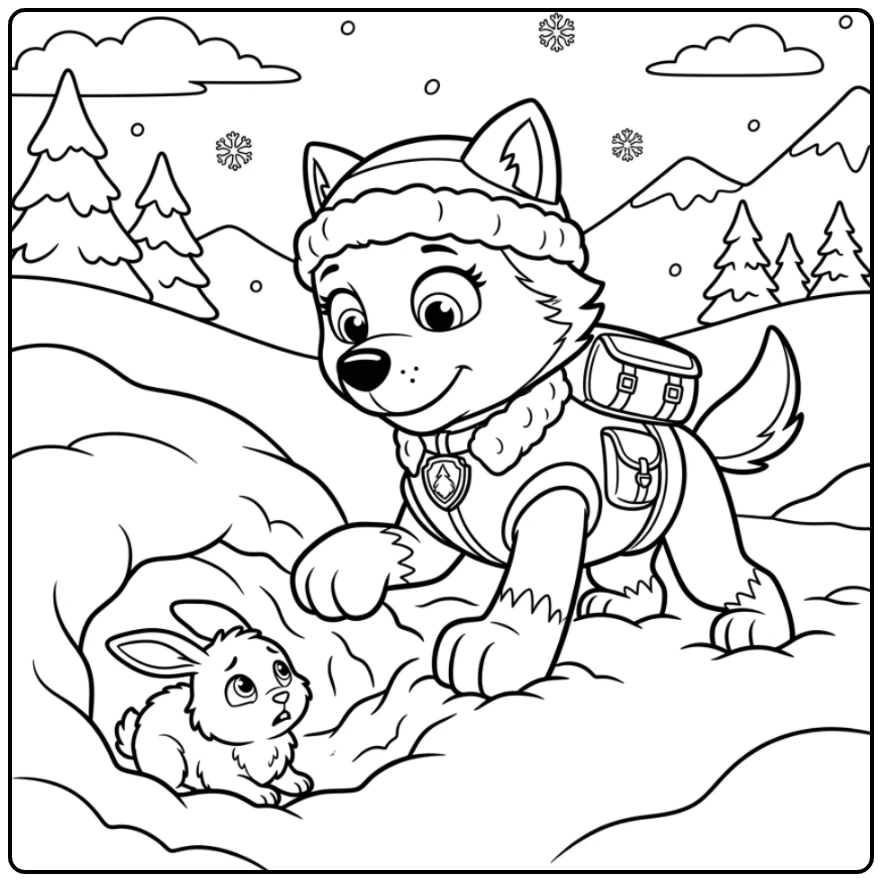 Heartwarming Paw Patrol Everest Rescuing an Animal coloring page