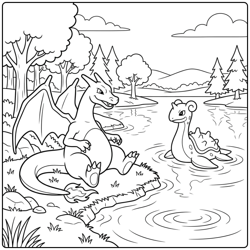 Relaxing Charizard at the Water with Lapras coloring page