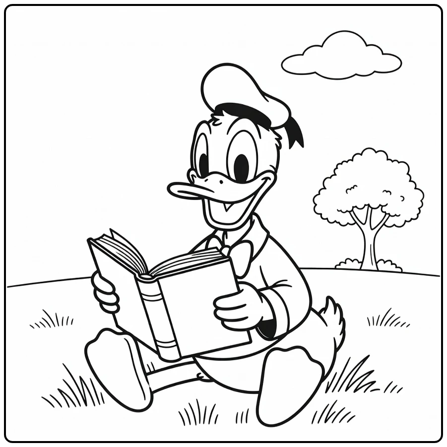 Easy Donald Duck Relaxing and Reading in Nature coloring page