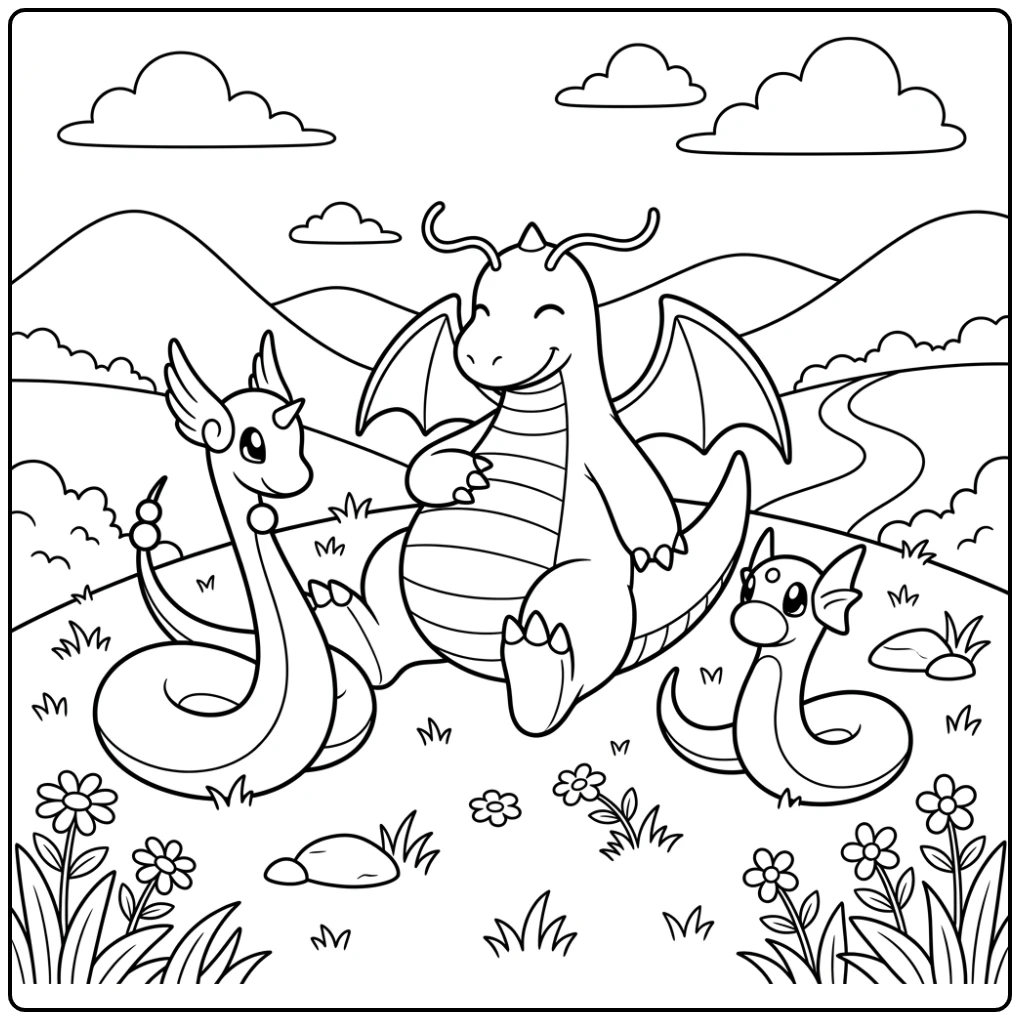 Relaxing Dragonite Scene with Pokemon Family coloring page