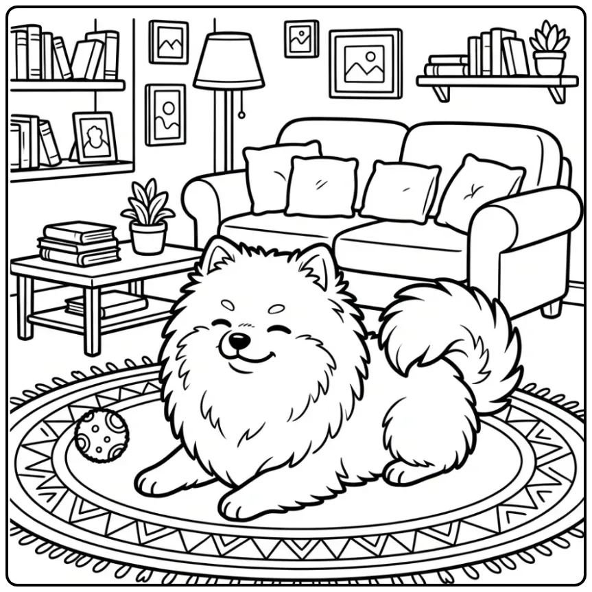Relaxing Pomeranian in the Living Room coloring page
