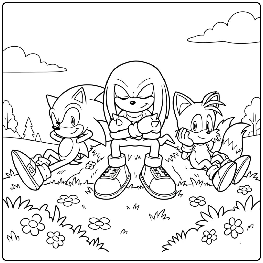 Relaxing Knuckles Sonic and Tails After Journey coloring page