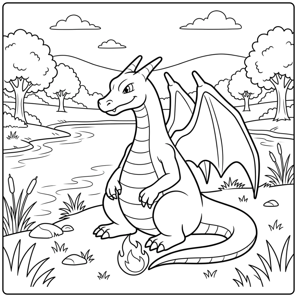 Relaxing Pokemon Charizard X at the Water coloring page