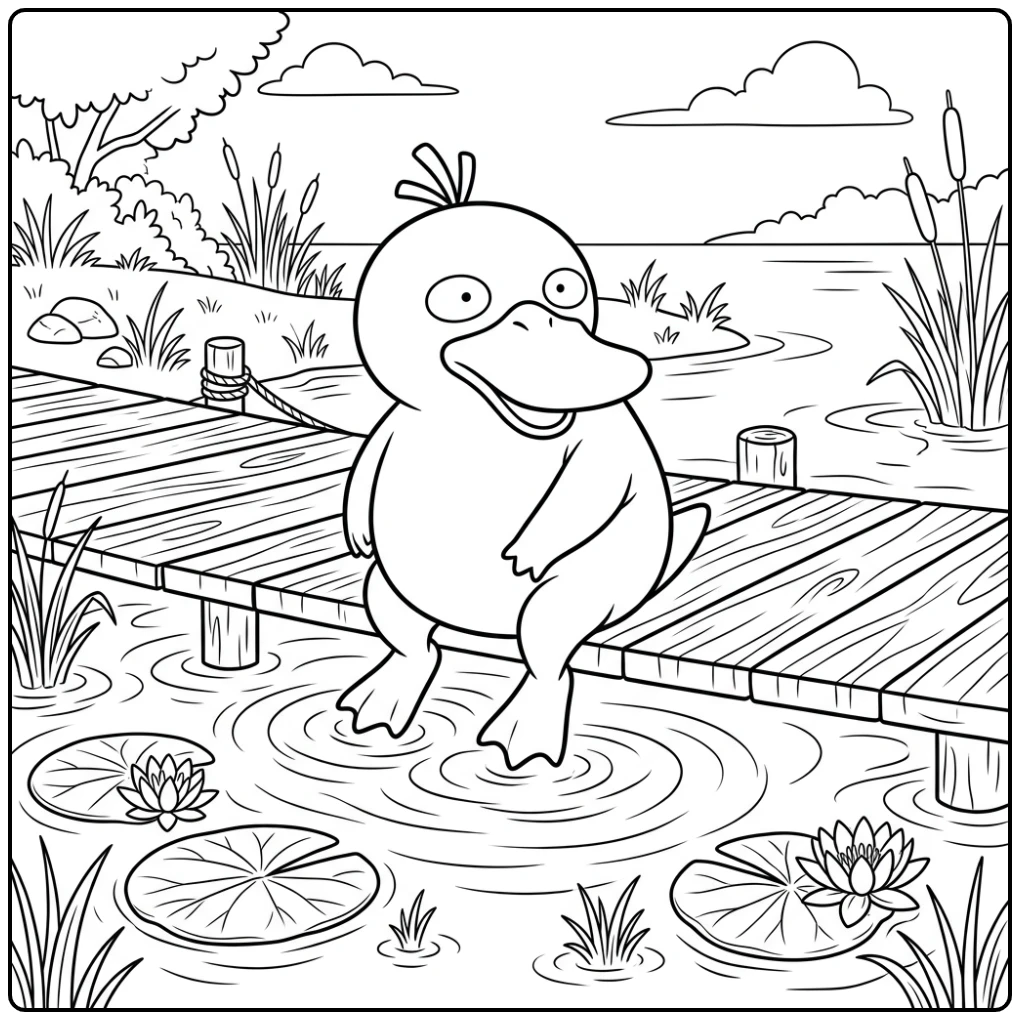 Relaxing Psyduck on a Wooden Dock at the Water coloring page
