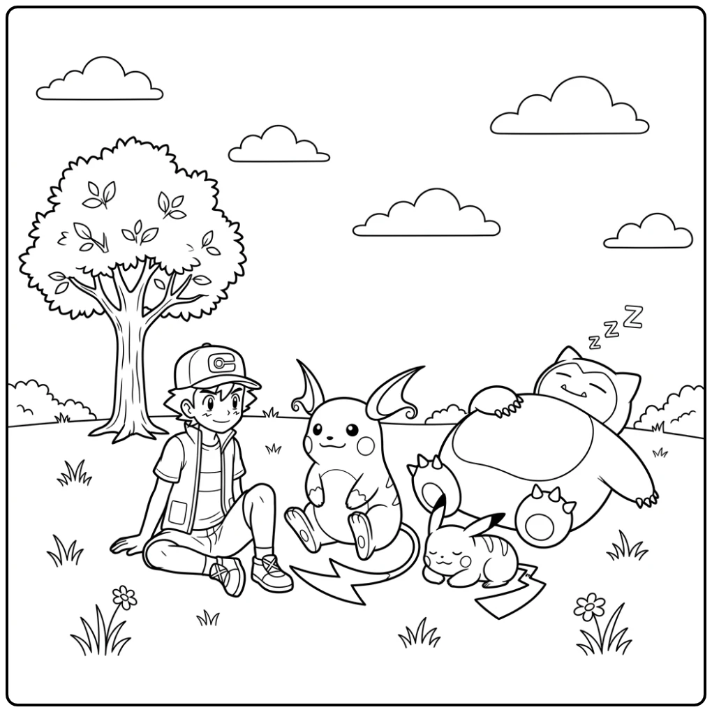 Relaxing Raichu Ash and Friends coloring page