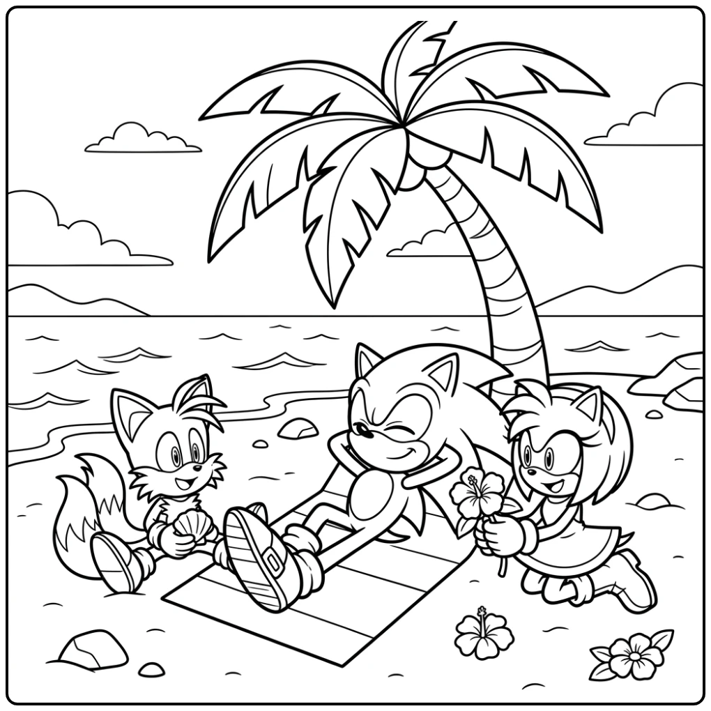 Relaxing Sonic Under Palm Tree with Friends coloring page