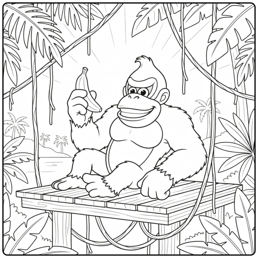 Relaxing Donkey Kong on a Wooden Platform coloring page