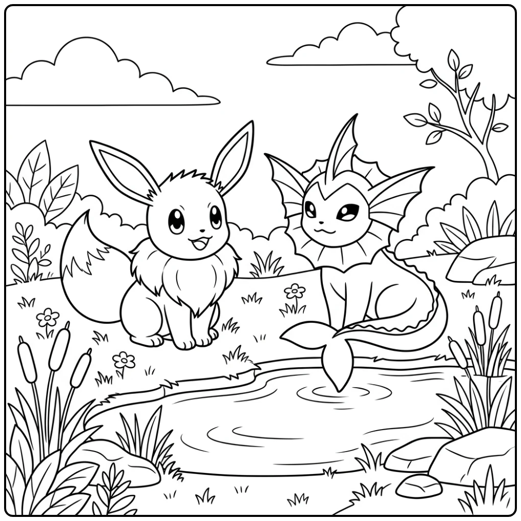 Relaxing Eevee and Vaporeon at the Waterside coloring page